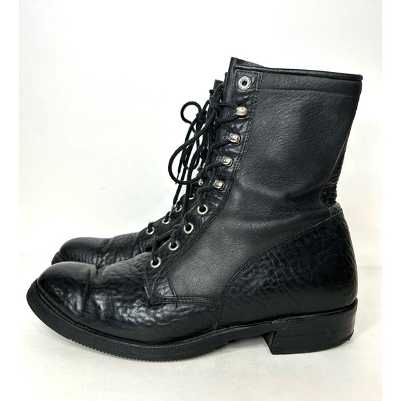 Vintage 90s BOULET Combat Boot LaceUp Pebbled Full Grain Black Leather Punk 9 - Picture 7 of 15
